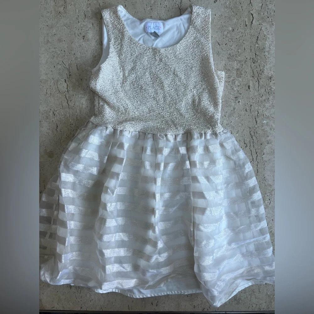 The Children’s Place Gold and White Striped Party Dress Size 10-12